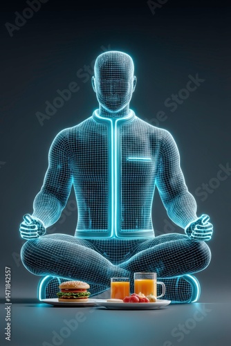 a digital rendering shows a human figure in a seated, meditative pose on a plain surface against a darkened backdrop