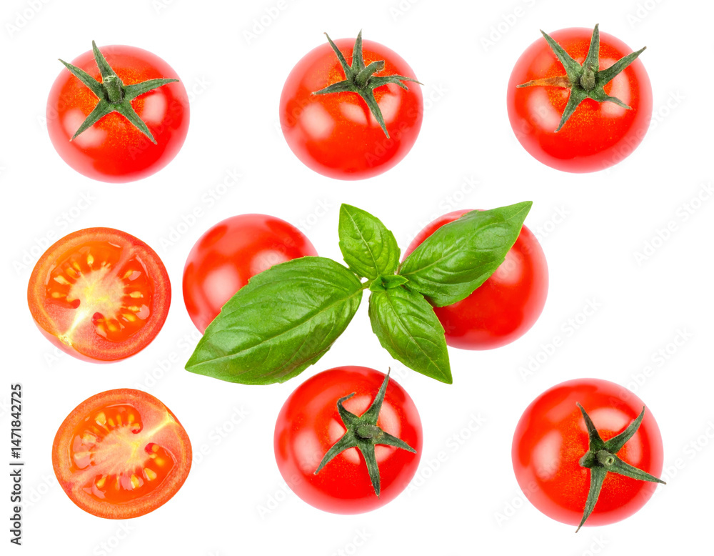 Fresh Cherry Tomatoes and Basil Leaves Isolated for Culinary Design Elements