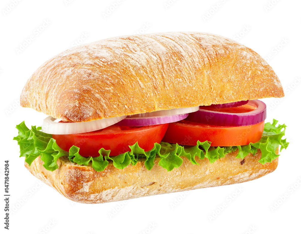 Delicious Ciabatta Sandwich with Fresh Tomato Onion and Lettuce Isolated on Transparent Background