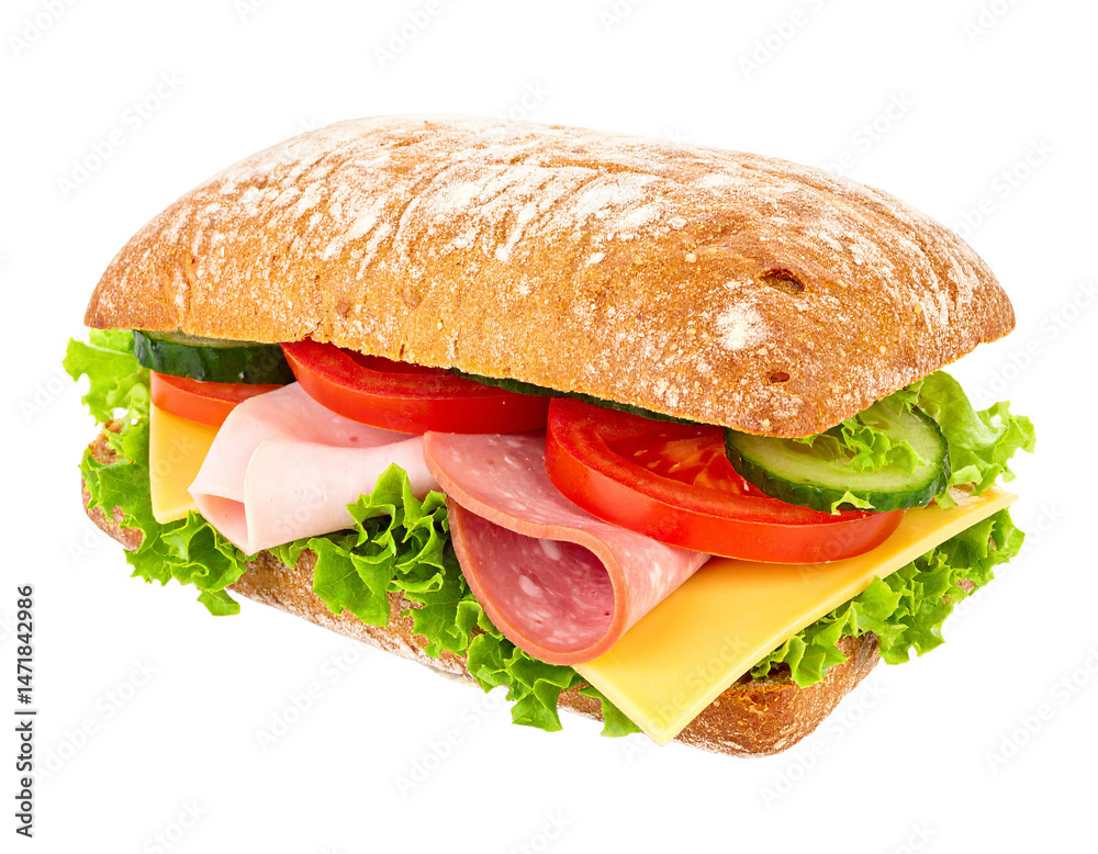 Delicious sandwich with ham cheese and fresh vegetables isolated on transparent background