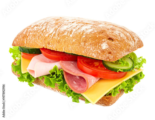 Obraz na płótnie Delicious sandwich with ham cheese and fresh vegetables isolated on transparent background w salonie
