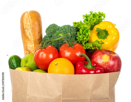 Fresh vegetables and bread in a paper bag cutout healthy food and grocery shopping