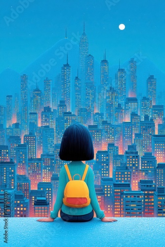 the scene is dominated by a cityscape at night, with countless buildings stretching across the horizon