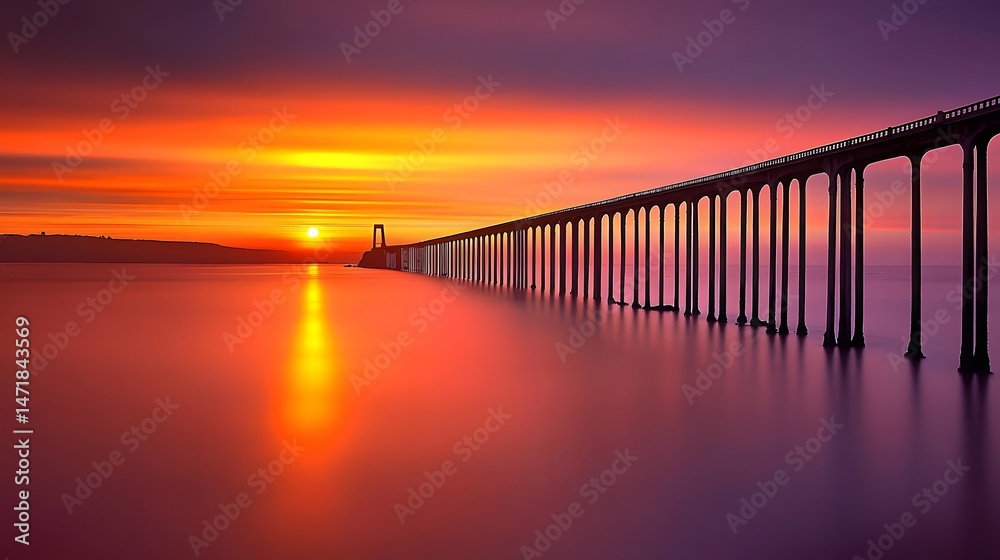 Vibrant Sunset over Ocean Bridge Landscape Vibrant Sunset over Ocean Bridge Landscape