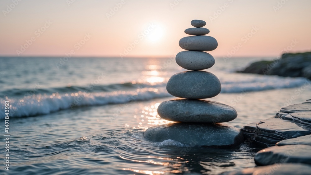 Fototapeta premium Stack of stones on a rocky beach sunset suitable for meditation, relaxation, nature concepts, mindfulness, peaceful scenery, zen backgrounds, spa designs.