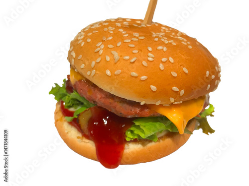 A hamburger consisting of a sesame bun, meat, cheese, vegetables, and sauce, clearly arranged and looking delicious on a white background.
