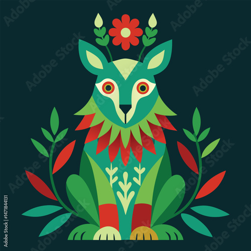 Folk art inspired flower motifs with colorful symmetrical patterns in a traditional vector style.