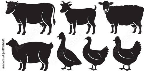 Farm Animal Silhouette Clipart Bundle – Cow, Goat, Sheep, Pig, Duck, Chicken, Goose Vector Illustrations for Cricut, Sublimation, Stickers, and Crafts