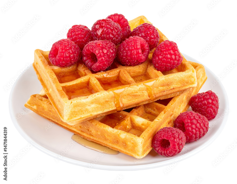 Golden Waffles with Fresh Raspberries and Syrup on Isolated Transparent Background