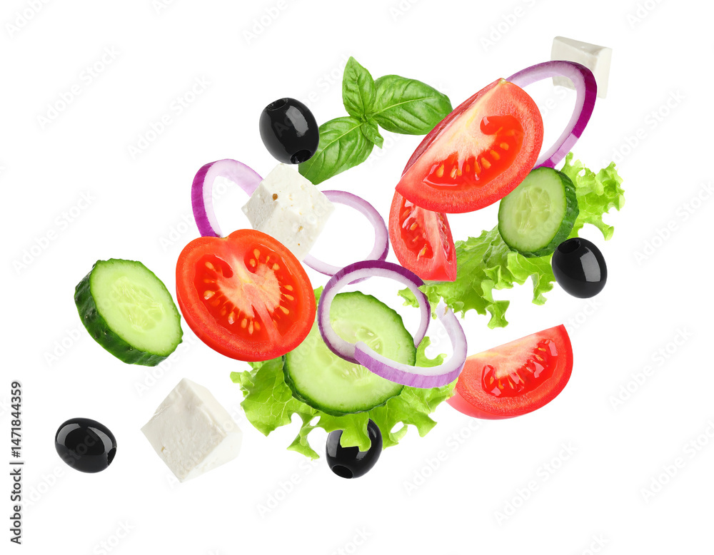 Floating Greek Salad Ingredients Isolated on Black Fresh Vegetables Tomatoes Cucumbers