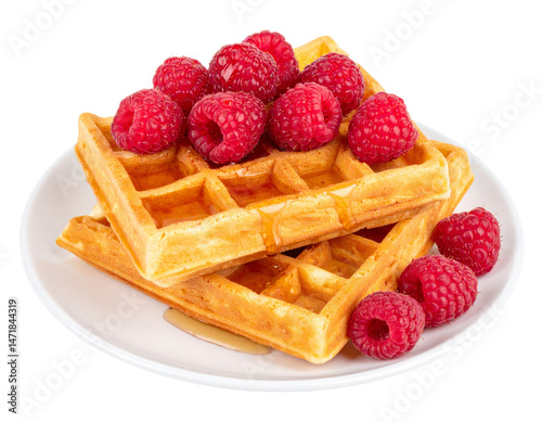 Obraz na płótnie Golden Waffles with Fresh Raspberries and Syrup on Isolated Transparent Background w salonie