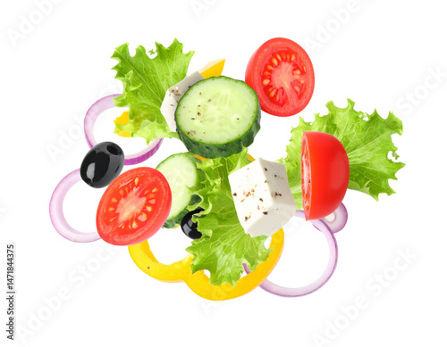 Obraz na płótnie Fresh Greek Salad Ingredients Flying Isolated on Transparent Background w salonie