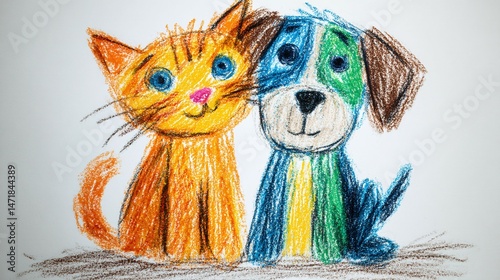 Drawing of a cat and dog together illustration friendship colorful cute.