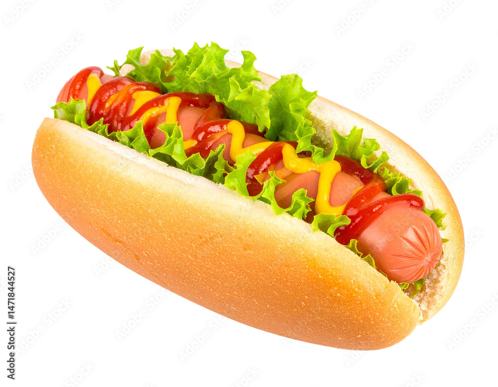 Delicious Hot Dog with Ketchup Mustard and Lettuce Isolated on Transparent Background