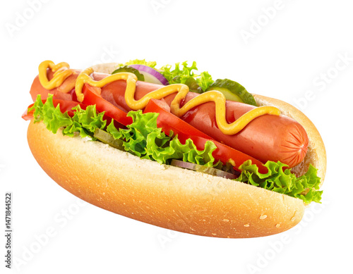 Obraz na płótnie Isolated Hotdog with Mustard Lettuce Tomato Onion and Pickle on Transparent Background w salonie