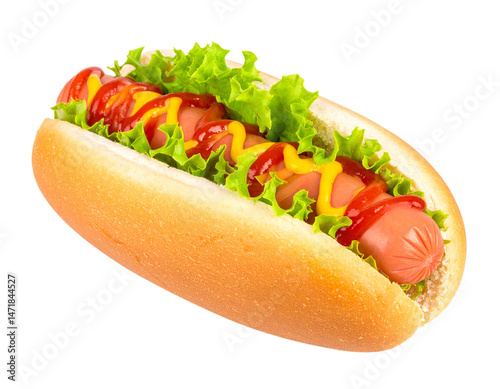 Obraz na płótnie Delicious Hot Dog with Ketchup Mustard and Lettuce Isolated on Transparent Background w salonie