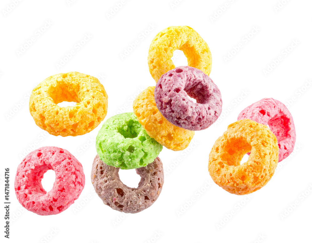 Colorful Cereal Loops Isolated on Transparent Background for Breakfast Food Concept