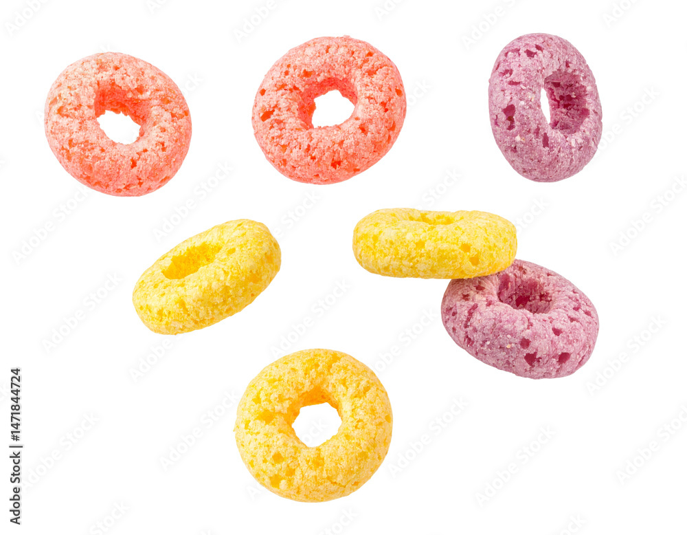 Colorful Cereal Loops Isolated on Transparent Background Fruity Breakfast Snack Food