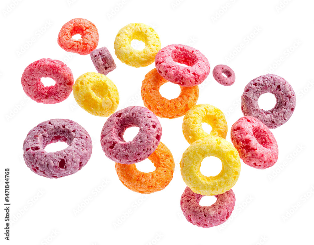 Colorful Cereal Loops Isolated on Transparent Background Breakfast Food Snack