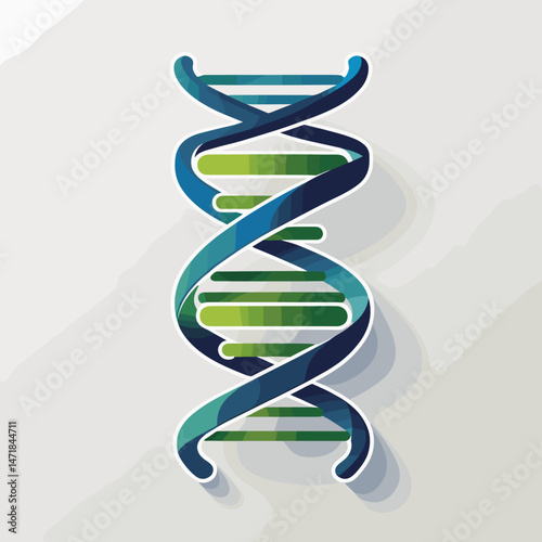 A white background showcases a spiraling DNA helix ribbon, a molecular illustration of life's structure in science and biology