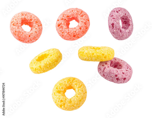 Obraz na płótnie Colorful Cereal Loops Isolated on Transparent Background Fruity Breakfast Snack Food w salonie