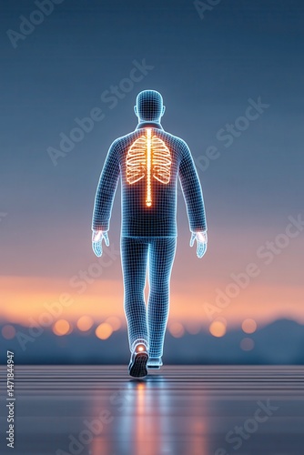 a stylized representation of a person is depicted from the back as they walk forward against a blurred skyline at dusk