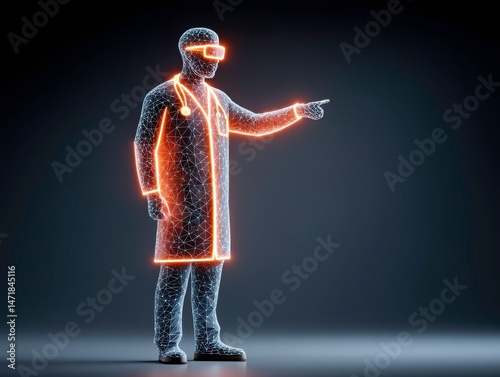 the image features a digital representation of a person in medical attire, constructed from a network of lines and dots, standing against a dark, gradient background