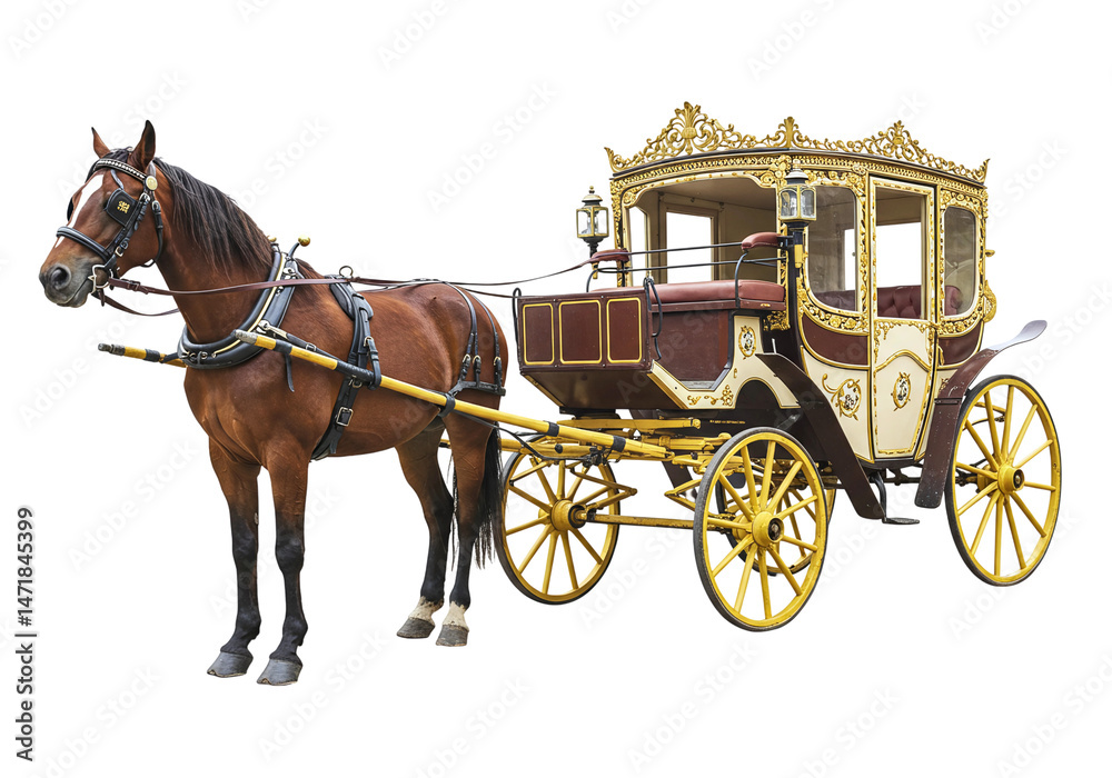 Horse-drawn carriage with brown horse on transparent background Horse-drawn carriage with brown horse on transparent background