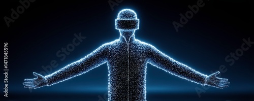in a dark setting, a digital rendering of a figure stands with arms outstretched to the sides