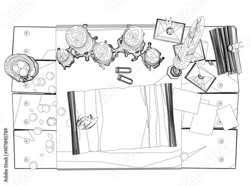 A table with a rug and a few items on it. The table is covered with a white cloth. Top view