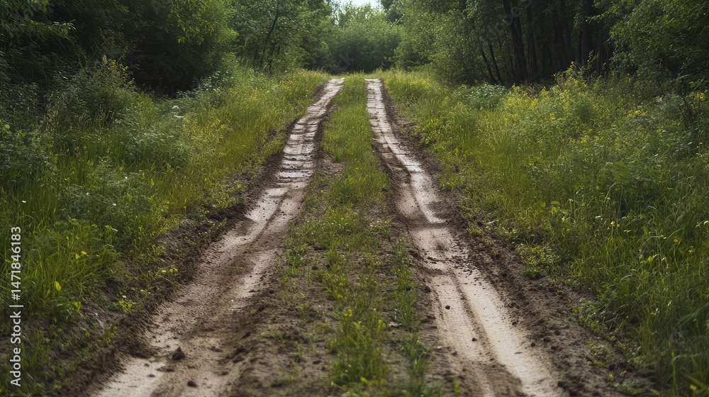 Naklejka premium A dirt road with grass on both sides