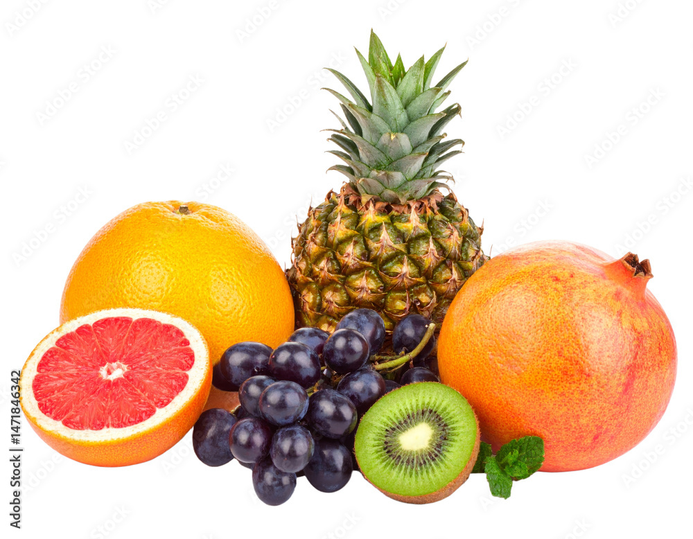 Fresh Fruit Isolated Pineapple Grapefruit Pomegranate Kiwi Grape Healthy Diet