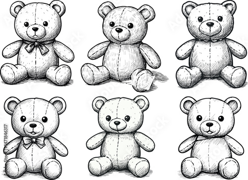 Collection of black and white teddy bears in vintage engraving style for baby shower and nursery decor
