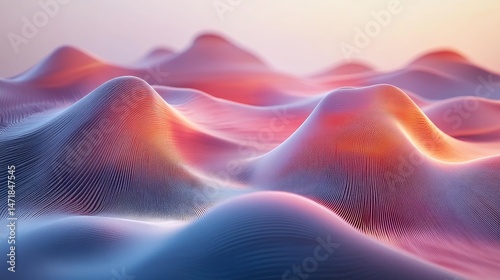 Abstract landscape of undulating hills in pastel tones.