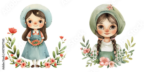 cute midwife with flowers wreath watercolor vector illustration