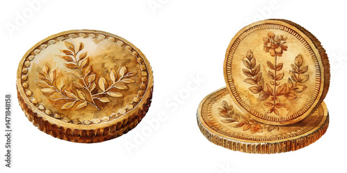 gold coin watercolor vector illustration