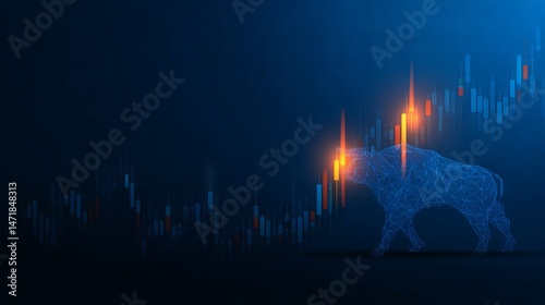 Bullish stock market chart with investment candlestick trend on blue background