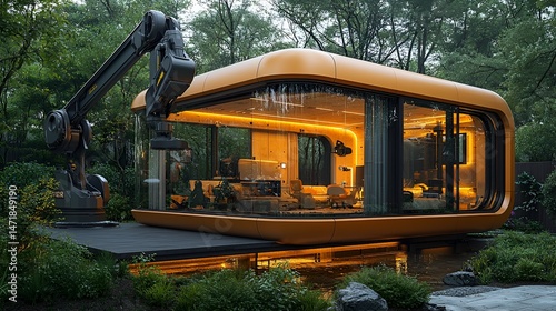 Futuristic modular home with robotic arm.