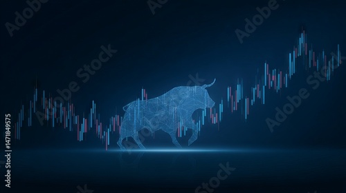 Bullish stock market chart with investment candlestick trend on blue background