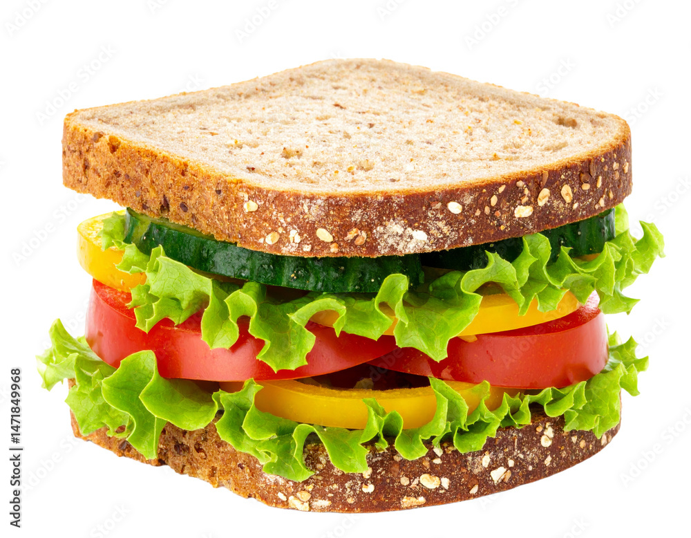 Vegetable Sandwich on Whole Wheat Bread Isolated on Transparent Background Food Photography