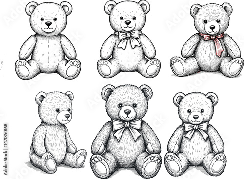Collection of black and white teddy bears in vintage engraving style for baby shower and nursery decor
