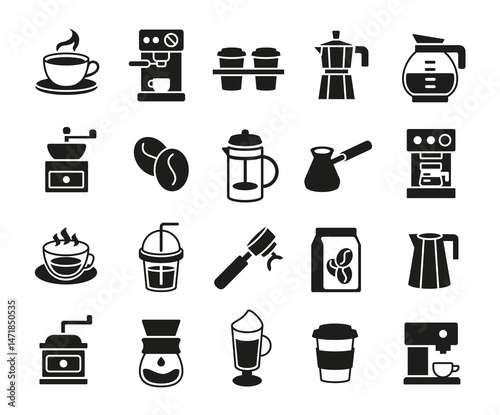Coffee icons. Large set of coffee trendy minimal icons. Example: Cup, Machine, Beans, Kettle, Grinder, Moka, Milk icon. Design signs for web page, mobile app, packaging design. Vector illustration.