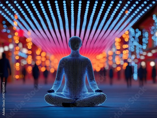 the image features a glowing figure in a seated, meditative pose at the center of a crowded urban scene