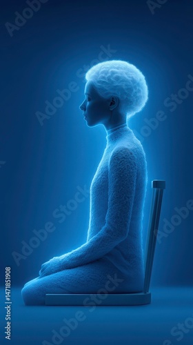 in a monochromatic blue scene, a figure sits on a minimalistic chair with a straight back. the individual is facing left and appears to be in a seated meditative pose