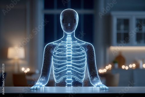 the image features a glowing, wireframe humanoid figure, showcasing the rib cage and spinal structure. the figure rests its hands on a dark counter or surface