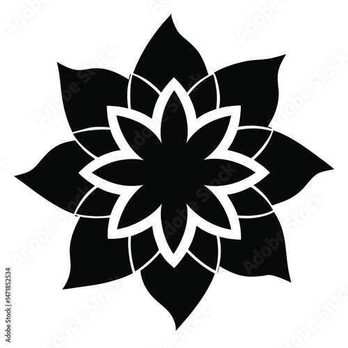 A vector illustration presents a black and white floral design, an isolated monochrome flower, ideal for decoration or as a symbolic tattoo element