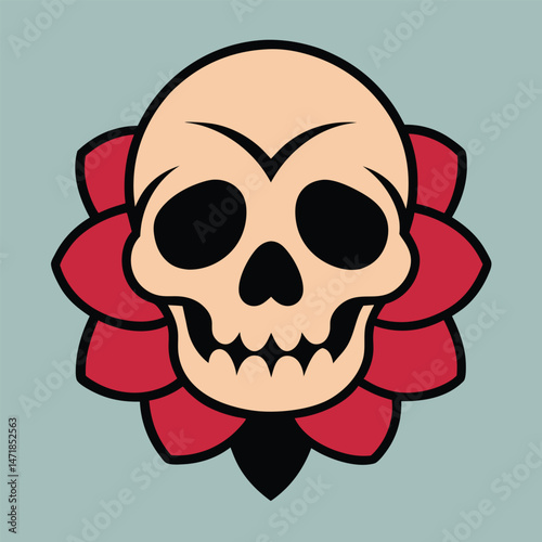 A scary cartoon skull vector illustration with evil teeth symbolizes death and danger in a Halloween design