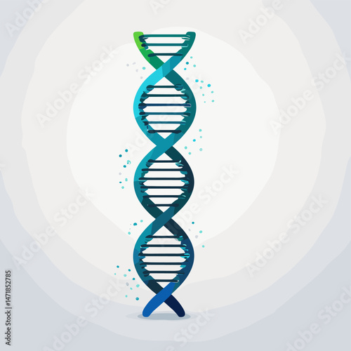 A 3D vector illustration depicts a spiral DNA helix molecule on a white background, representing genetic research in biotechnology and life science