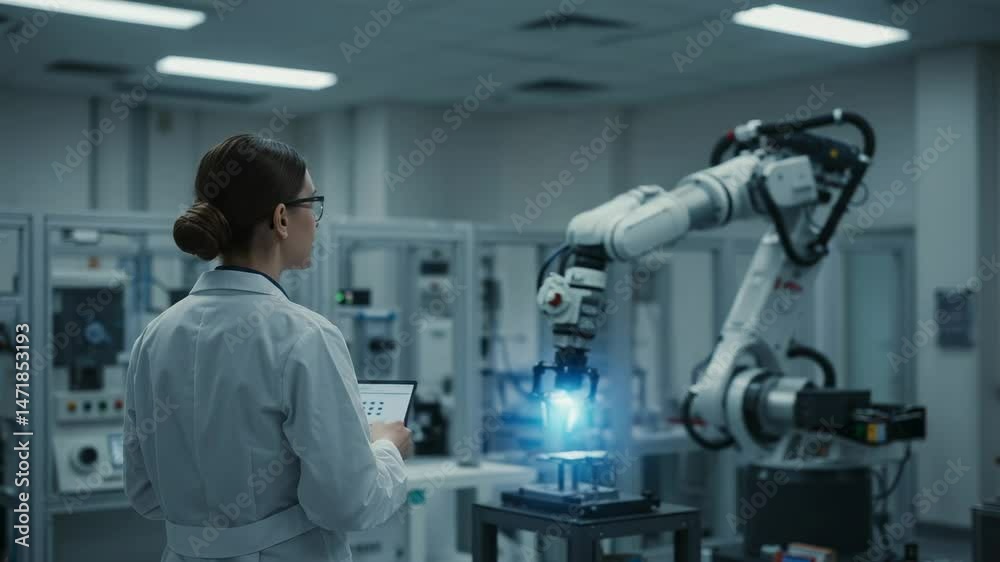 Female Scientist Observing Robotic Arm in High-Tech Laboratory: Exploring Automation and Innovation in Advanced Robotics Research Female Scientist Observing Robotic Arm in High-Tech Laboratory: Exploring Automation and Innovation in Advanced Robotics Research