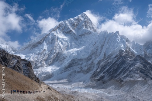 Majestic Himalayan Peak: Trekkers Ascending a Glacial Valley